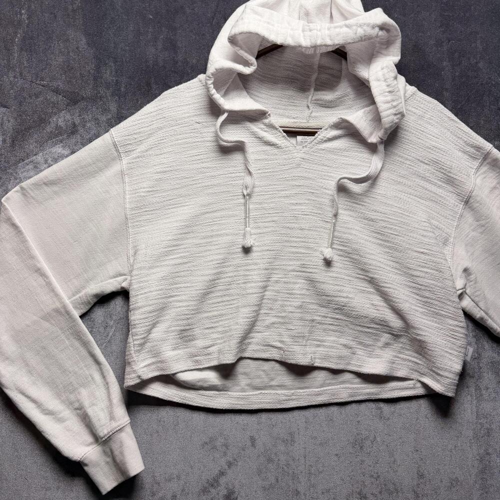 RAGWEAR Hoodie Womens Large White V Neck Textured Knit Crop Pullover Hooded